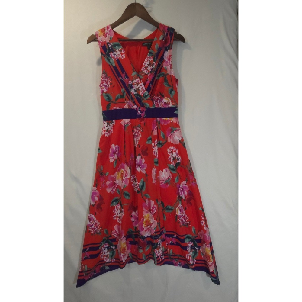 CHRIS MCLAUGHLIN Red Floral V Neck Sleeveless‎ Midi Dress Size 8